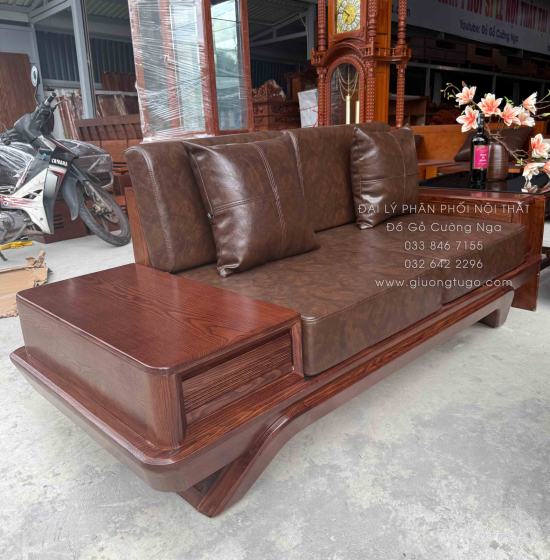 Bộ Sofa Gỗ Sồi Nga 2 Văng Chân Thuyền 3m3x2m6 Màu Óc Chó Cao Cấp