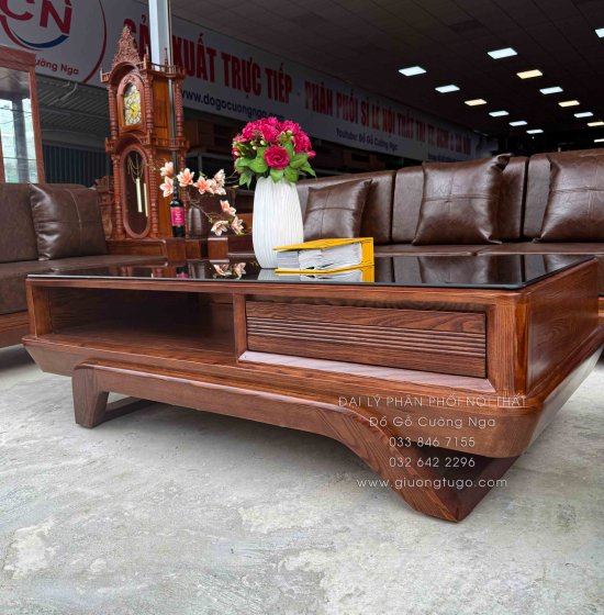 Bộ Sofa Gỗ Sồi Nga 2 Văng Chân Thuyền 3m3x2m6 Màu Óc Chó Cao Cấp