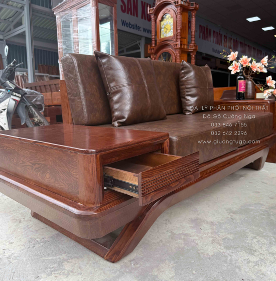 Bộ Sofa Gỗ Sồi Nga 2 Văng Chân Thuyền 3m3x2m6 Màu Óc Chó Cao Cấp