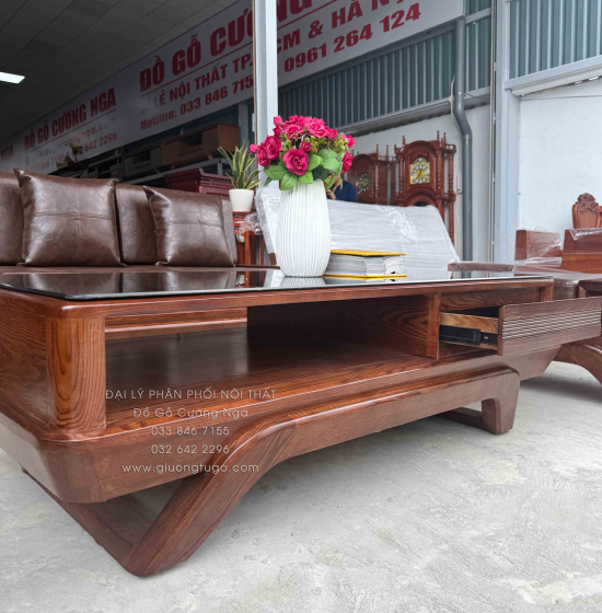Bộ Sofa Gỗ Sồi Nga 2 Văng Chân Thuyền 3m3x2m6 Màu Óc Chó Cao Cấp