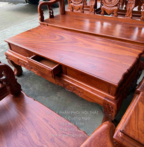 Bộ Bàn Ghế Salon Gỗ Hương Đá Mặt Liền Nguyên Tấm 10 Trạm Đào 6 Món 