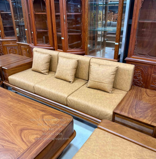 Bộ Sofa Gỗ Hương Vàng 2 Văng Chân Thuyền 3m45x2m75 Cao Cấp