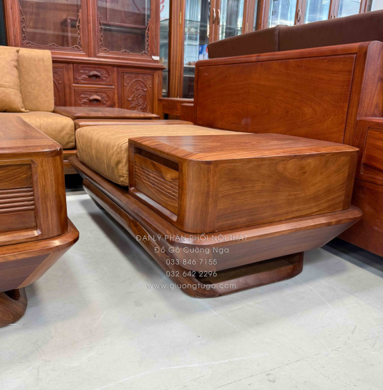 Bộ Sofa Gỗ Hương Vàng 2 Văng Chân Thuyền 3m45x2m75 Cao Cấp
