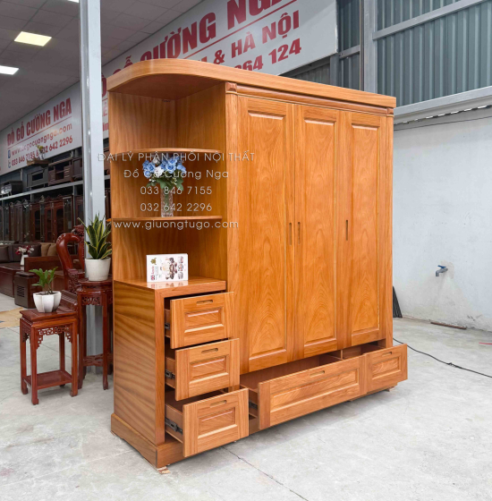 Tủ Áo Gỗ Gõ Đỏ 3 Cánh Kèm Góc Trang Trí Bo Cạnh