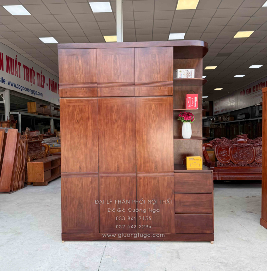 Tủ Quần Áo Gỗ Hương Xám 3 Cánh 2m3 Màu Óc Chó Kèm Kệ Trang Trí