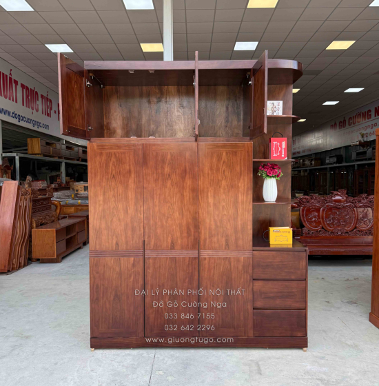 Tủ Quần Áo Gỗ Hương Xám 3 Cánh 2m3 Màu Óc Chó Kèm Kệ Trang Trí