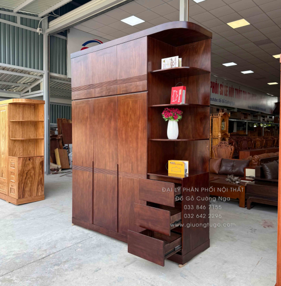 Tủ Quần Áo Gỗ Hương Xám 3 Cánh 2m3 Màu Óc Chó Kèm Kệ Trang Trí