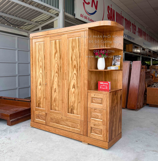 Tủ Áo Gỗ Hương Xám 3 Cánh Kèm Góc Trang Trí Bo Cạnh
