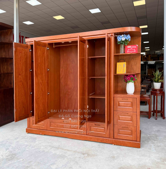 Tủ Áo Gỗ Hương Đá 4 Cánh Kèm Góc Trang Trí Bo Cạnh