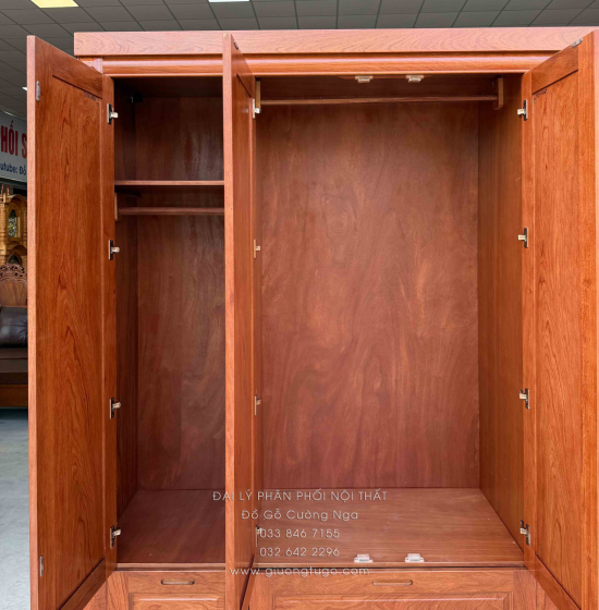 Tủ Áo Gỗ Hương Đá 4 Cánh Kèm Góc Trang Trí Bo Cạnh