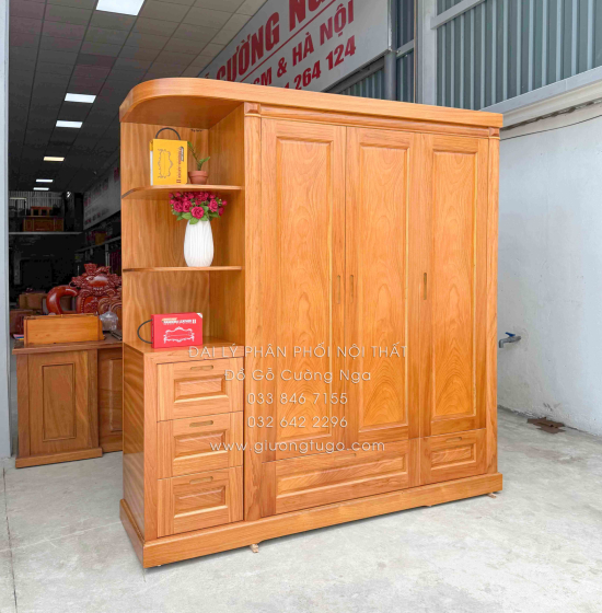 Tủ Áo Gỗ Gõ Đỏ 3 Cánh Kèm Góc Trang Trí Bo Cạnh