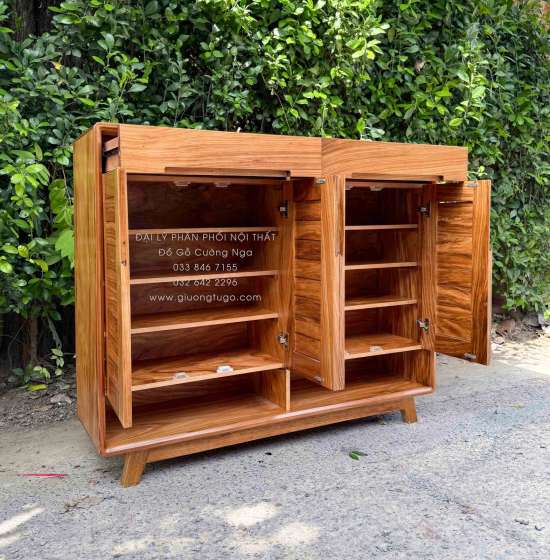 Tủ Giày Dép Gỗ Hương Xám 4 Cánh Chân Cao Hiện Đại