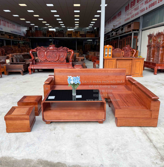 Sofa Gỗ Đinh Hương Góc L Tựa Soi 2m1x1m6 Kết Hợp Bàn Boom