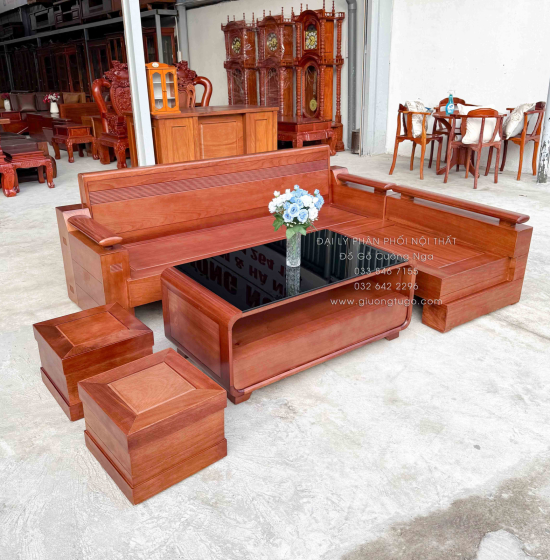 Sofa Gỗ Đinh Hương Góc L Tựa Soi 2m1x1m6 Kết Hợp Bàn Boom