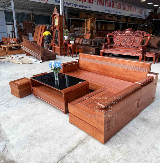 Sofa Gỗ Đinh Hương Góc L Tựa Soi 2m1x1m6 Kết Hợp Bàn Boom