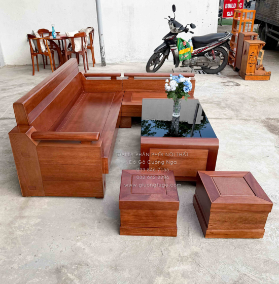 Sofa Gỗ Đinh Hương Góc L Tựa Soi 2m1x1m6 Kết Hợp Bàn Boom