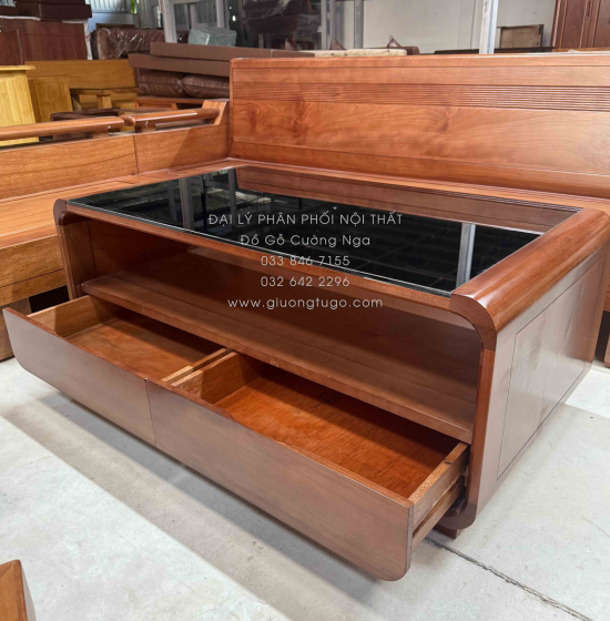 Sofa Gỗ Đinh Hương Góc L Tựa Soi 2m1x1m6 Kết Hợp Bàn Boom