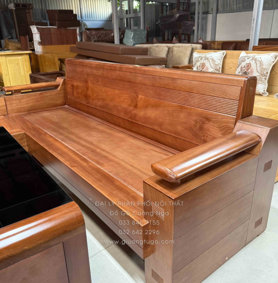 Sofa Gỗ Đinh Hương Góc L Tựa Soi 2m1x1m6 Kết Hợp Bàn Boom