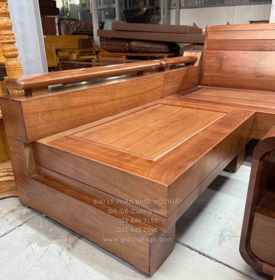 Sofa Gỗ Đinh Hương Góc L Tựa Soi 2m1x1m6 Kết Hợp Bàn Boom