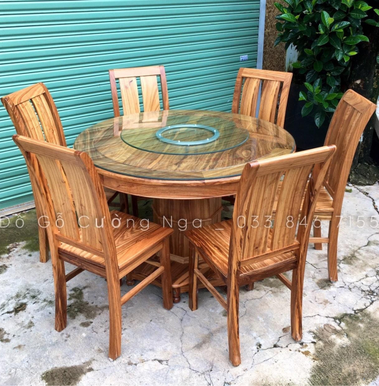 Bộ bàn ăn tròn mâm xoay gỗ Hương Xám 6 ghế BG 018