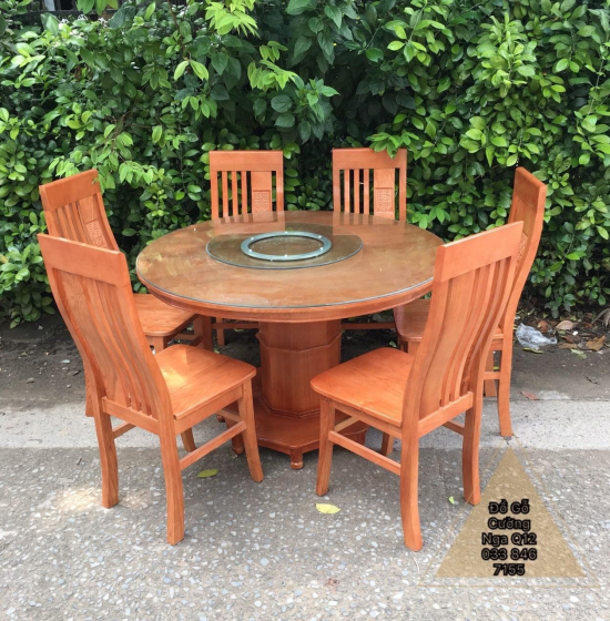 Bộ bàn ăn tròn mâm xoay gỗ sồi nga 6 ghế - màu cánh gián BG 069