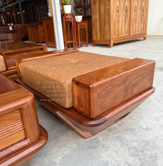 Sofa Gỗ Hương Vàng Góc L Chân Thuyền 3m15x2m15 Mẫu Nệm Da Sáng