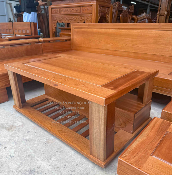  Bàn Ghế Sofa Gỗ Xoan Đào Góc L 2m1x1m6 - Lưng Liền 