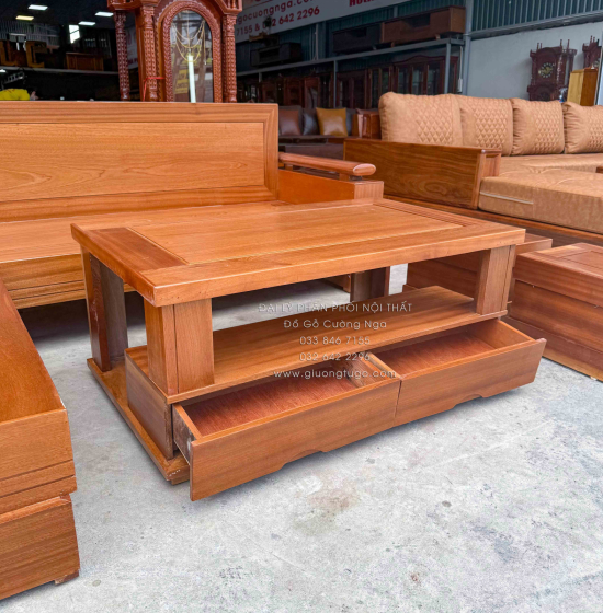  Bàn Ghế Sofa Gỗ Xoan Đào Góc L 2m1x1m6 - Lưng Liền 