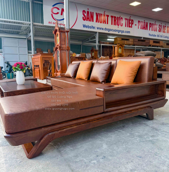 Bộ Sofa Gỗ Sồi Nga Góc L Chân Thuyền 2m8x1m9 Màu Óc Chó Sang Trọng