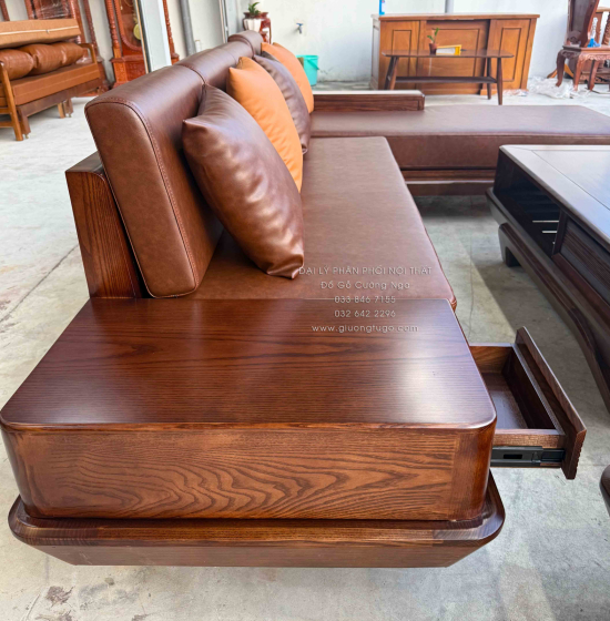 Bộ Sofa Gỗ Sồi Nga Góc L Chân Thuyền 2m8x1m9 Màu Óc Chó Sang Trọng