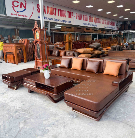 Bộ Sofa Gỗ Sồi Nga Góc L Chân Thuyền 2m8x1m9 Màu Óc Chó Sang Trọng