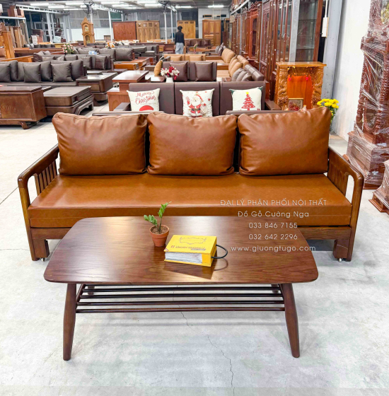 Bàn Trà Gỗ Sồi Hiện Đại Màu Óc Chó Kèm Kính Trắng