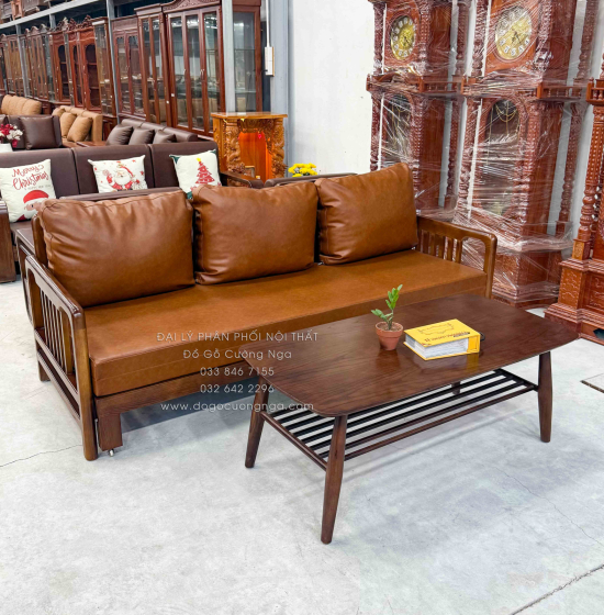 Bàn Trà Gỗ Sồi Hiện Đại Màu Óc Chó Kèm Kính Trắng