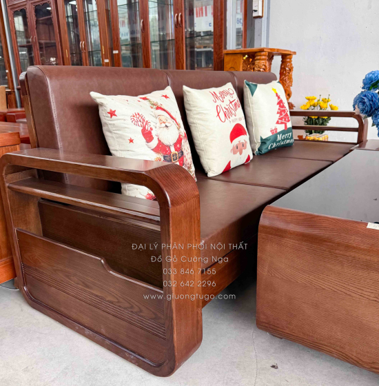 Sofa Đối Gỗ Sồi Nga Lau Màu Óc Chó 4 Chi Tiết Tay Vòng Kèm Nệm