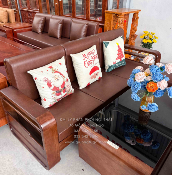 Sofa Đối Gỗ Sồi Nga Lau Màu Óc Chó 4 Chi Tiết Tay Vòng Kèm Nệm