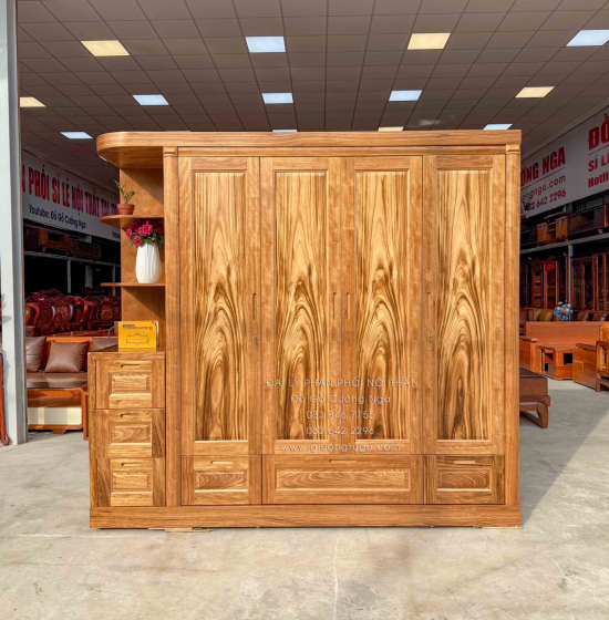Tủ Áo Gỗ Hương Xám 4 Cánh Góc Trang Trí Bền Đẹp 