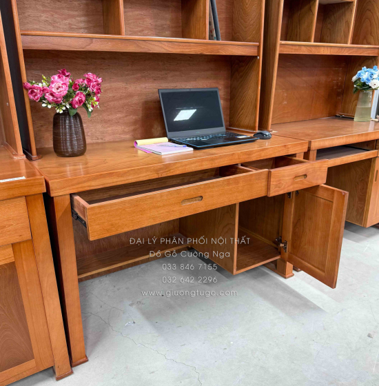 Bàn Học Sinh Gỗ Xoan Đào 1m2 Kèm Kệ Sách Cho Bé