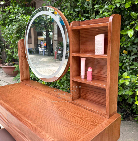 Bàn Trang Điểm Gỗ Sồi Nga Màu Óc Chó Gương LED Cảm Ứng