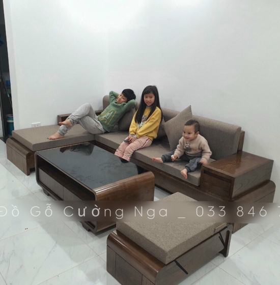 Bộ Bàn Ghế Sofa Góc L Gỗ Sồi Nga Chân Cuốn - Vế Phải Nệm Vải Bố 