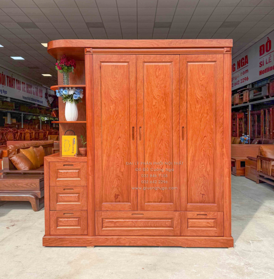Tủ Áo Gỗ Hương Đá 3 Cánh Kèm Góc Trang Trí Bo Cạnh
