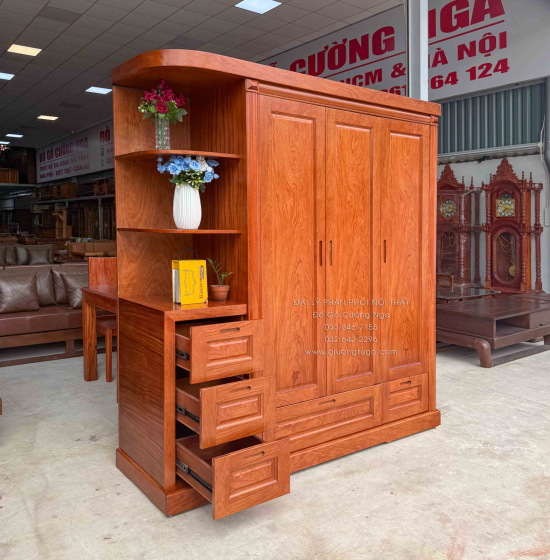 Tủ Áo Gỗ Hương Đá 3 Cánh Kèm Góc Trang Trí Bo Cạnh