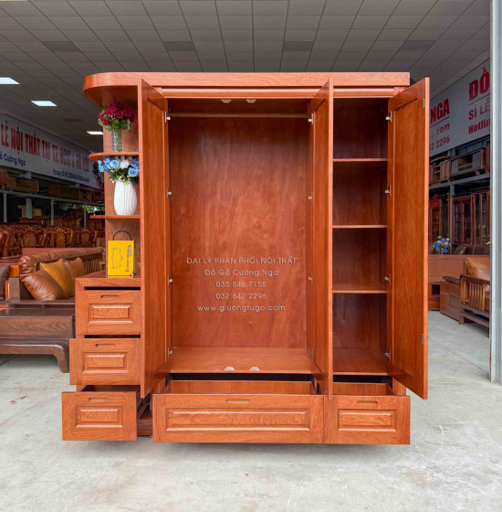 Tủ Áo Gỗ Hương Đá 3 Cánh Kèm Góc Trang Trí Bo Cạnh