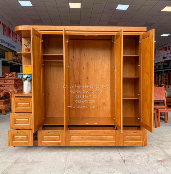 Tủ Áo Gỗ Gõ Đỏ 4 Cánh Kèm Góc Trang Trí Bo Cạnh