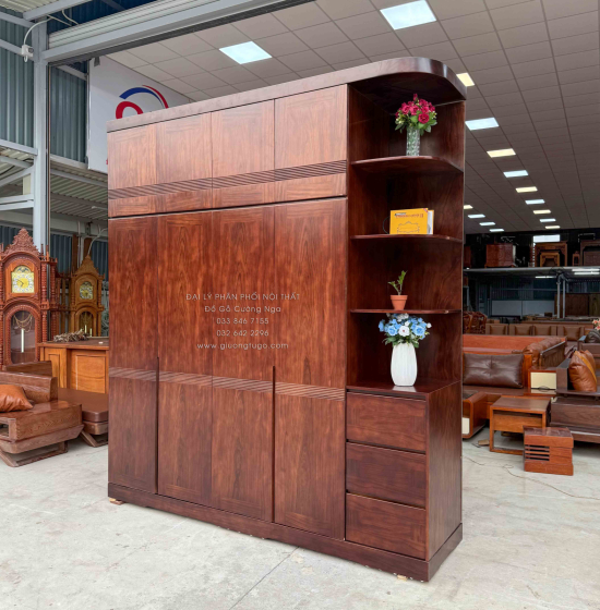 Tủ Áo Gỗ Hương Xám Màu Óc Chó 2 Tầng 4 Cánh Cánh Kèm Kệ Góc