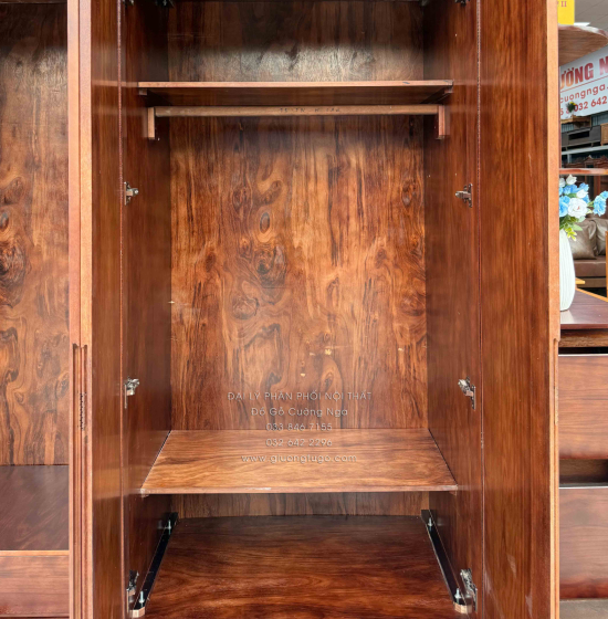 Tủ Áo Gỗ Hương Xám Màu Óc Chó 2 Tầng 4 Cánh Cánh Kèm Kệ Góc