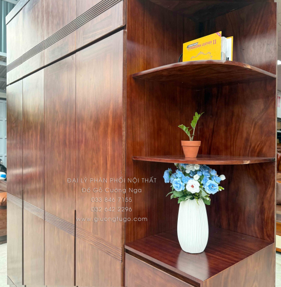 Tủ Áo Gỗ Hương Xám Màu Óc Chó 2 Tầng 4 Cánh Cánh Kèm Kệ Góc