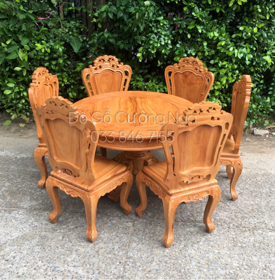 Bộ bàn ăn tròn gỗ gõ đỏ 6 ghế cao cấp - mẫu lu y 