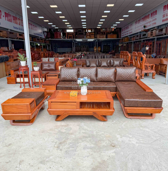 Sofa Gỗ Gõ Đỏ Góc L 2m8x2m1 Chân Thuyền Nệm Cao Su Cao Cấp