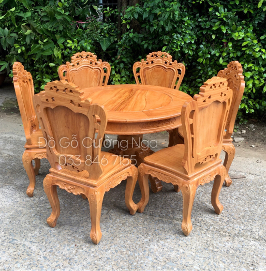 Bộ bàn ăn tròn gỗ gõ đỏ 6 ghế cao cấp - mẫu lu y 