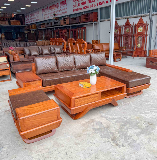 Sofa Gỗ Gõ Đỏ Góc L 2m8x2m1 Chân Thuyền Nệm Cao Su Cao Cấp